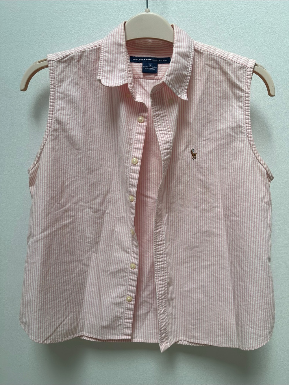 Ralph Lauren Pink and White Striped Sleeveless Button-Down Top